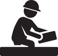 Construction worker with hard hat placing bricks on wall isolated vector silhouette icon set Royalty Free Stock Photo