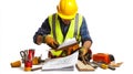 Construction Worker in Hard Hat and Safety Vest with Blueprints Royalty Free Stock Photo