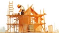 Construction worker in hard hat is using a circular saw on a wooden frame of a house, surrounded by scaffolding and construction Royalty Free Stock Photo