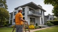Construction worker in hard hat and work clothes stands on a ladder in front of a modern white and gray house Royalty Free Stock Photo