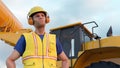 Construction worker hard hat yellow bib excavator backhoe heavy equipment 3D illustration Royalty Free Stock Photo