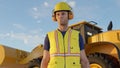 Construction worker hard hat yellow bib excavator backhoe heavy equipment 3D illustration Royalty Free Stock Photo