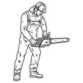 Construction worker in hardhat using chainsaw