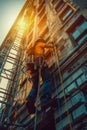 Construction Worker in Harness Climbing Ladder on Building Site at Sunset with Visible Safety Equipment and Urban Background Royalty Free Stock Photo