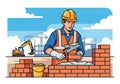 A construction worker in a helmet and safety vest lays bricks with Royalty Free Stock Photo