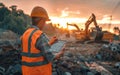A construction worker in high-visibility clothing inspects a digital tablet, observing the construction equipment and Royalty Free Stock Photo