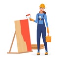 Construction worker holding bucket and roller to paint wooden board, female builder in helmet Royalty Free Stock Photo