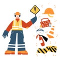 Construction Worker holding danger sign with safety equipment clipart Royalty Free Stock Photo