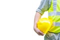 Construction worker holding hard hat with white background Royalty Free Stock Photo