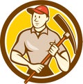 Construction Worker Holding Pickaxe Circle Cartoon Royalty Free Stock Photo