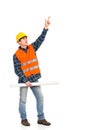 Construction worker holding rolled paper plan and pointing up. Royalty Free Stock Photo