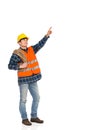 Construction worker holding rope and pointing up.