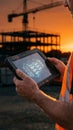 Construction worker holding tablet with 3D building model at sunset. Vertical close up of engineer reviewing digital blueprints on Royalty Free Stock Photo