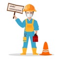 Construction worker holding under construction sign vector illustration