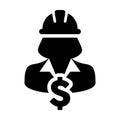 Construction Worker Icon Vector Dollar Sign with Female Person Profile Avatar With Hardhat Helmet in Glyph Pictogram illustration Royalty Free Stock Photo