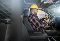 Construction Worker Inside Commercial Pickup Truck Royalty Free Stock Photo