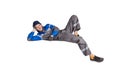 The construction worker, the installer lies horizontally, isolated Royalty Free Stock Photo