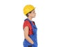 Construction worker lady walking emotionless on white background