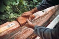 Professional construction worker laying bricks and building walls in industrial construction site. Detail of hand adjusting Royalty Free Stock Photo