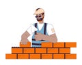 Construction worker laying bricks line cartoon flat illustration