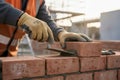 Construction worker laying bricks with mortar on a building site Royalty Free Stock Photo
