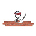 Construction worker laying bricks. Vector simple stickman. Building installing red bricks house. no face clipart cartoon. Hand Royalty Free Stock Photo