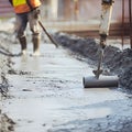 Construction worker leveling freshly poured concrete surface at construction site Royalty Free Stock Photo