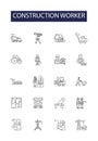 Construction worker line vector icons and signs. Mason, Carpenter, Plumber, Electrician, Roofer, Laborer, Ironworker