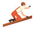 Construction Worker, Male Carpenter Character Wearing Uniform and Protective Helmet Building Wooden Constructions