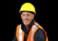 Construction worker male in yellow safety hat, orange vest, red gloves, googles and getting ready to work.