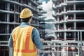 Construction worker observing bustling construction site, symbolizing supervision Royalty Free Stock Photo