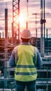 Construction worker observing bustling construction site, symbolizing supervision Royalty Free Stock Photo