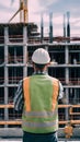 Construction worker observing bustling construction site, symbolizing supervision Royalty Free Stock Photo
