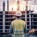 Construction worker observing bustling construction site, symbolizing supervision Royalty Free Stock Photo
