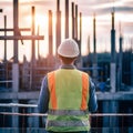 Construction worker observing bustling construction site, symbolizing supervision Royalty Free Stock Photo