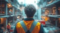 Construction worker observing a busy site filled with machinery and workers Royalty Free Stock Photo