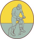 Construction Worker Operating Jackhammer Oval Drawing