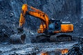 Construction Worker Operating a Large Excavator on a Muddy Site. Colorful Royalty Free Stock Photo