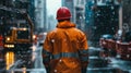 Construction Worker in Orange Jacket and Red Hardhat Standing in Snow Royalty Free Stock Photo