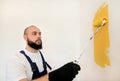 Construction worker and painter using paint roller brush painting of wall with yellow color. Royalty Free Stock Photo