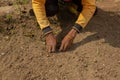 Construction worker planting grass in the facility area.