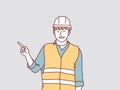 construction worker points to the side with his hands fingers simple korean style illustration