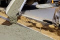 Construction worker pour cement for sidewalk in concrete works with mixer truck with wheelbarrow Royalty Free Stock Photo