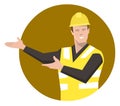 Construction worker presenting. Flat vector illustration.