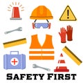 Construction worker repairman thumb up, safety first, health and safety warning signs, vector illustrator Royalty Free Stock Photo