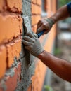 Construction worker repairs brick wall with cement plastering. Man working on masonry facade. Craftsman applies mortar using Royalty Free Stock Photo