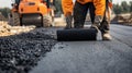 Construction Worker Rolling Out Asphalt on a New Road Royalty Free Stock Photo