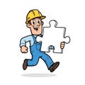 Construction worker running with a puzzle piece Royalty Free Stock Photo