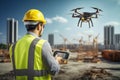 Construction worker in safety attire operates a drone via tablet amidst a construction site