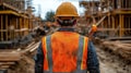 Construction worker in safety gear observing a busy construction site Royalty Free Stock Photo